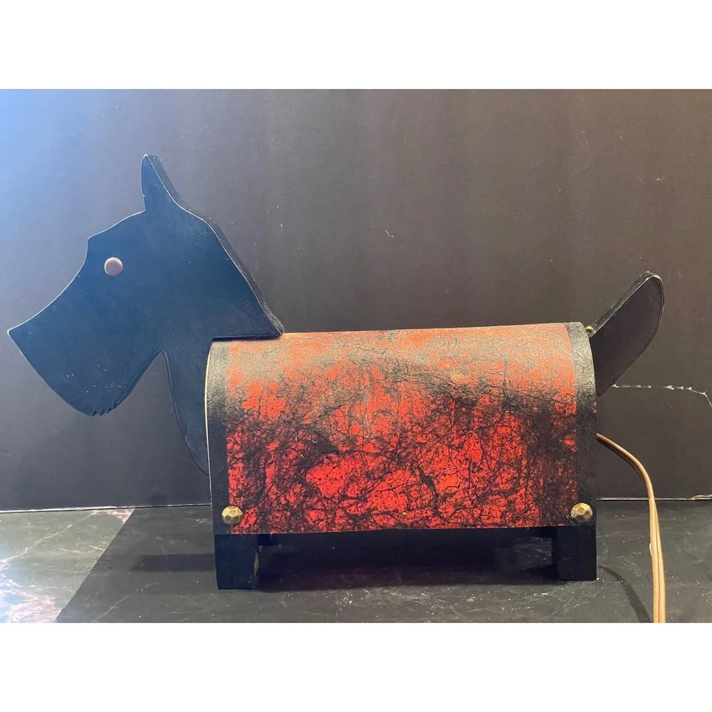 Vintage Scottie Dog Table Lamp Art Deco Scottish Terrier Wood Accent Light Red